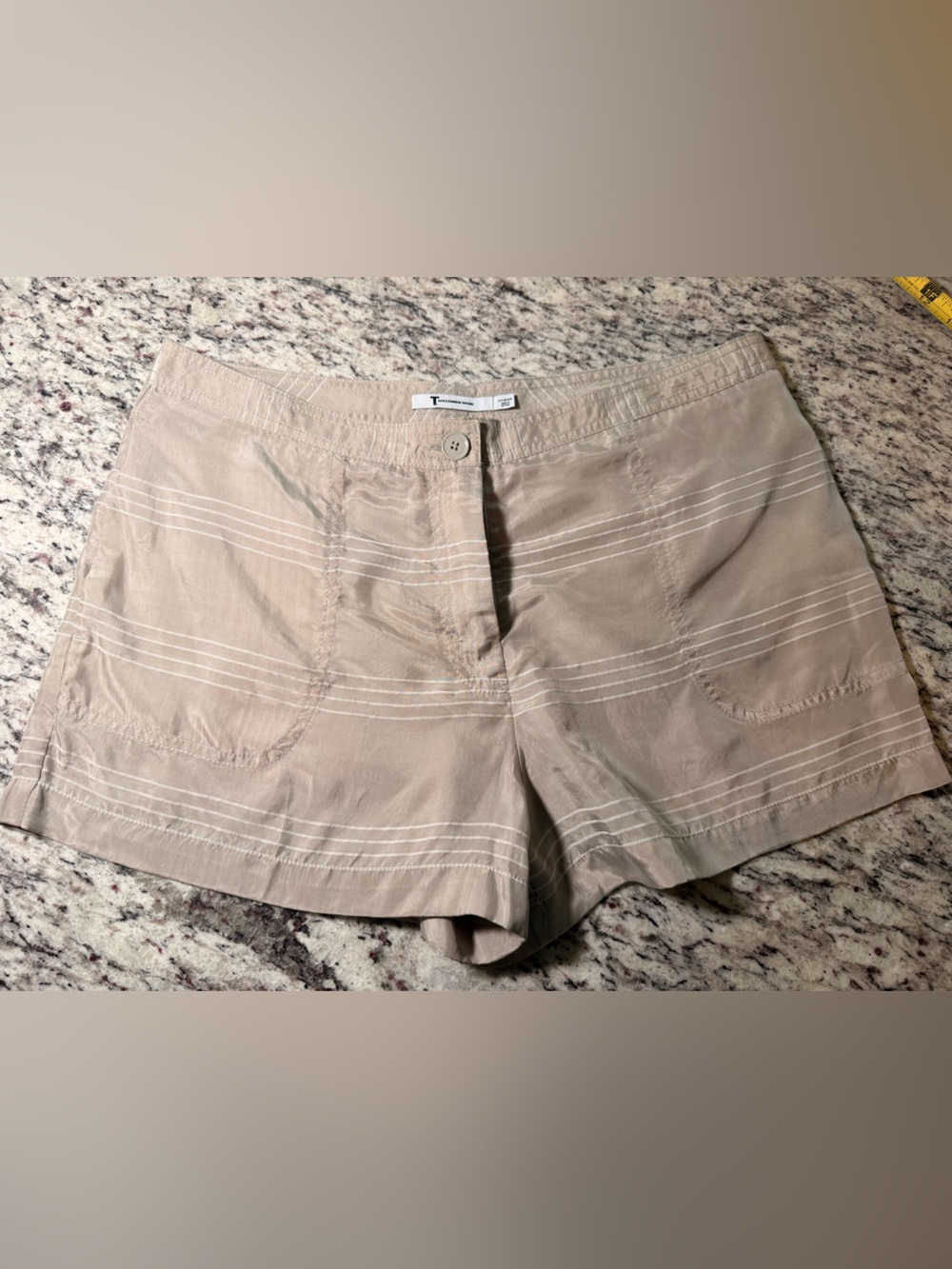 T by Alexander Wang Beige Striped Flat Front Shorts